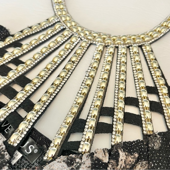 Venus Floral Metallic Caged Halter Top Bell Sleeves Black Gold Size Medium - Picture 13 of 15